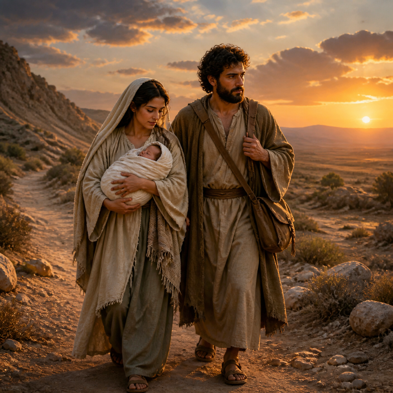 Mary carries her child beside Joseph on a difficult journey through the hills.