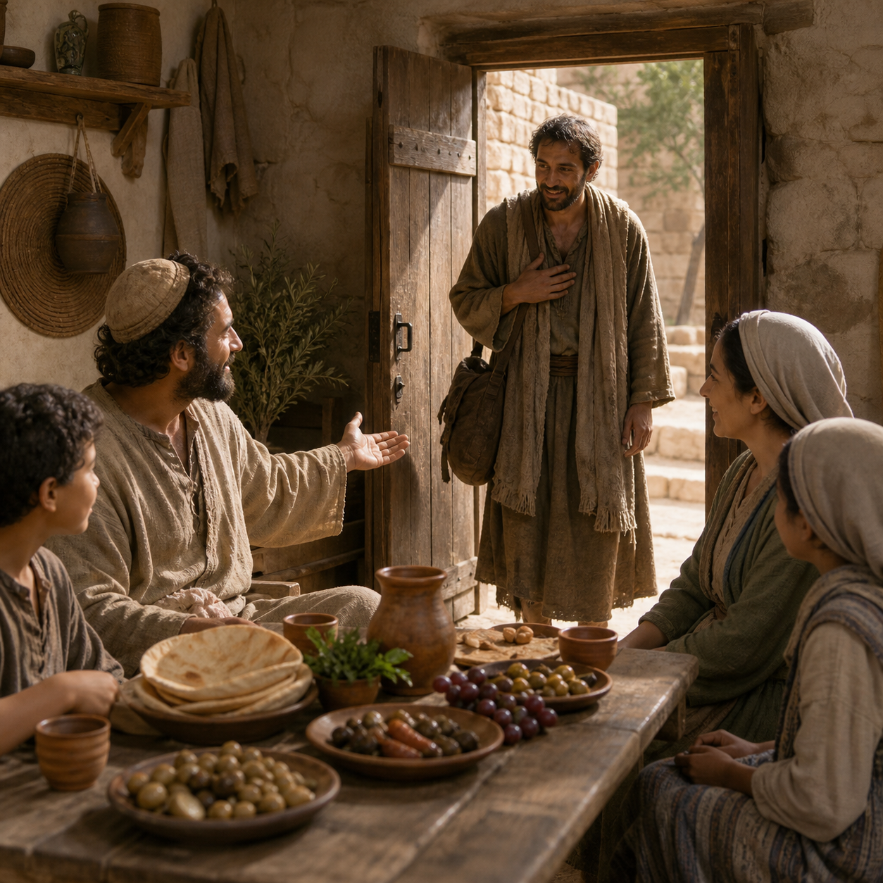 A family makes a place at its table for a visitor.