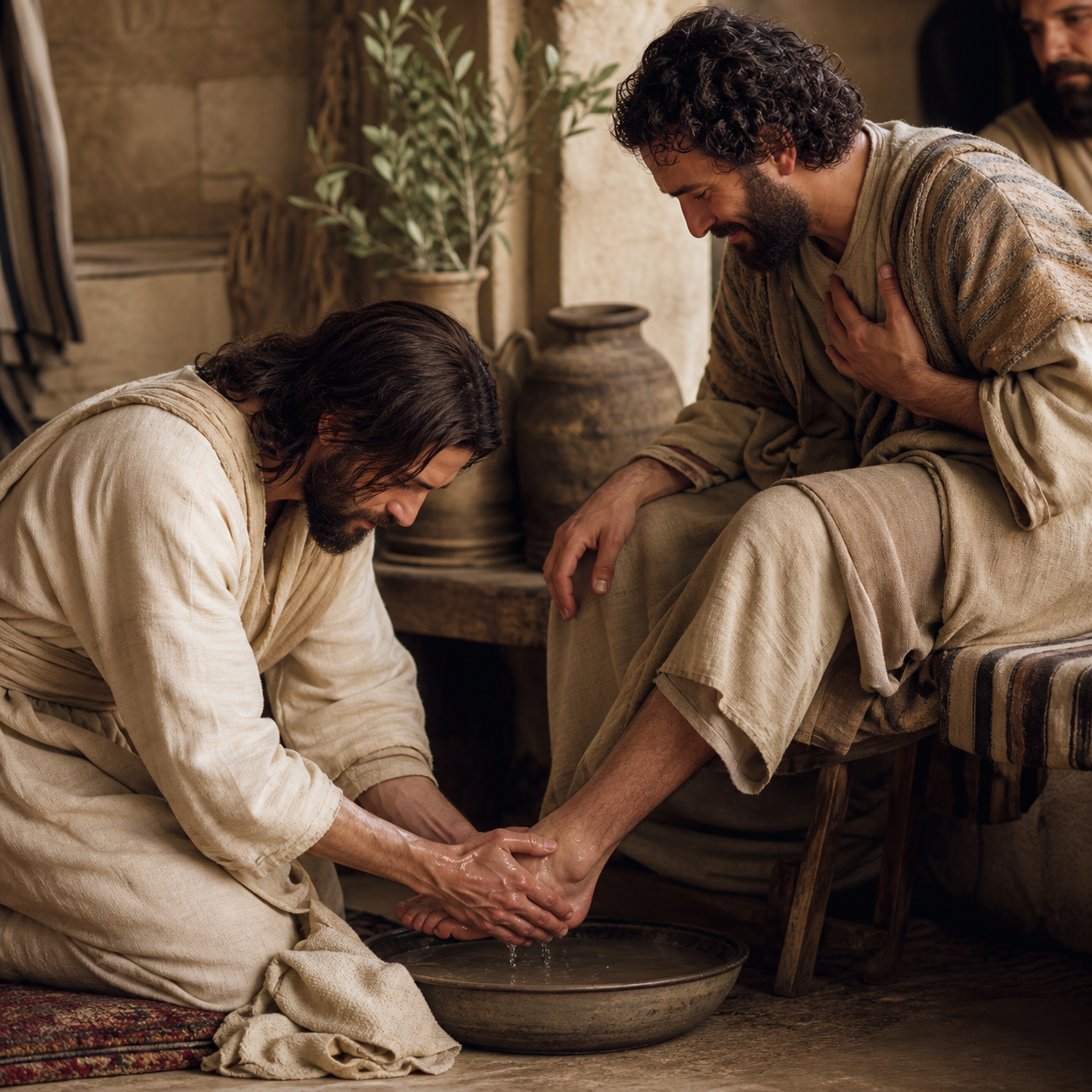 Jesus kneels to wash a disciple’s feet, showing care through humble service.