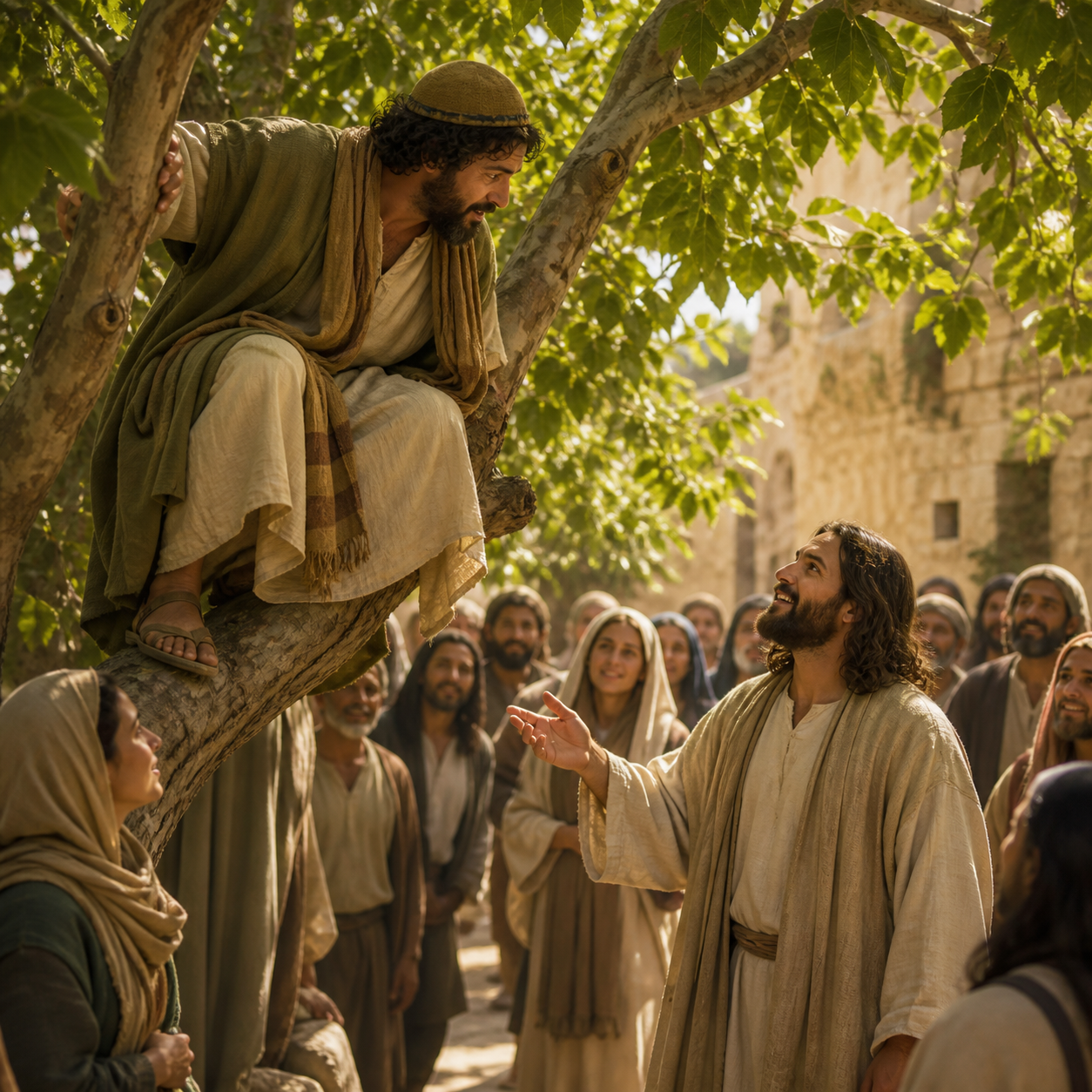 Jesus looks up toward Zacchaeus sitting in a tree above the crowd.