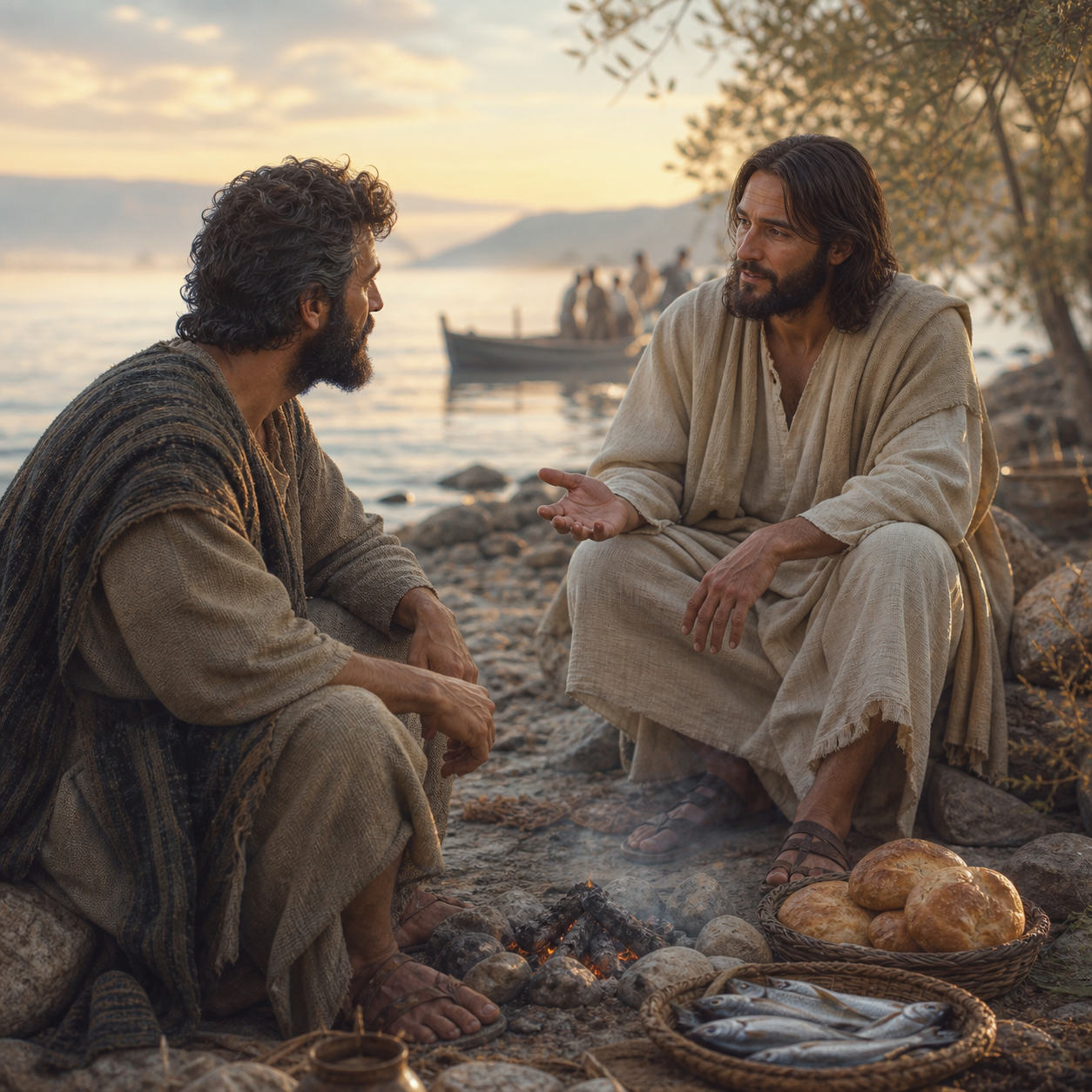 Peter and Jesus talk beside a small lakeside fire at dawn.