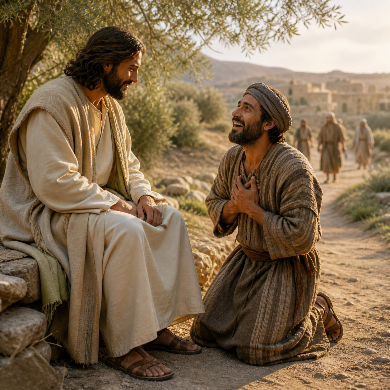 A grateful man returns and kneels before Jesus to give thanks.