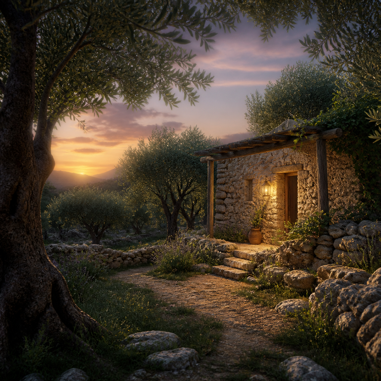 A peaceful olive grove and a warmly lit cottage at twilight.